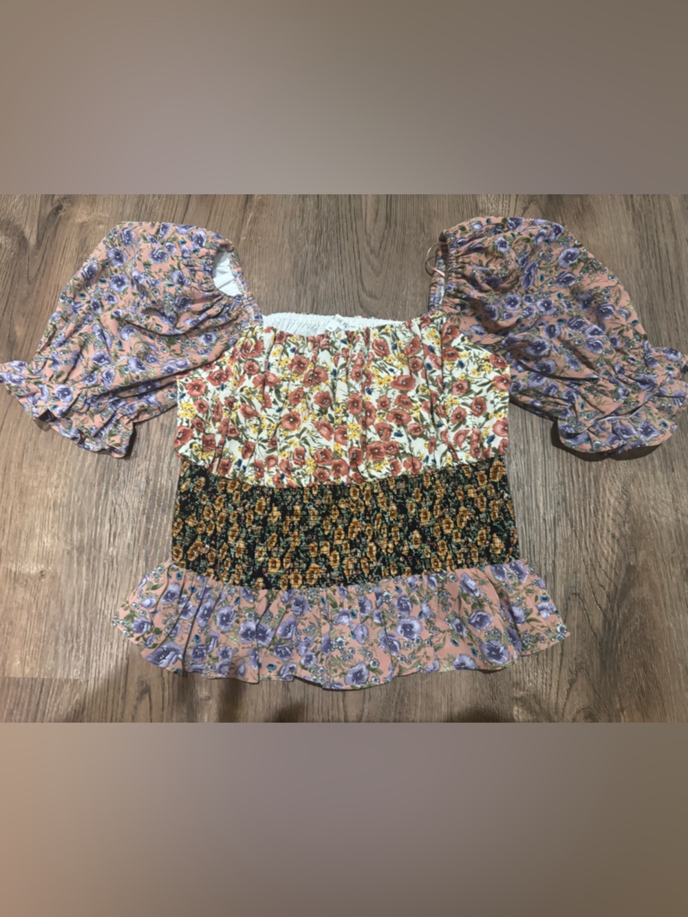 Free the Roses Floral Patchwork Peasant Top in Peach, Purple, Black and Cream